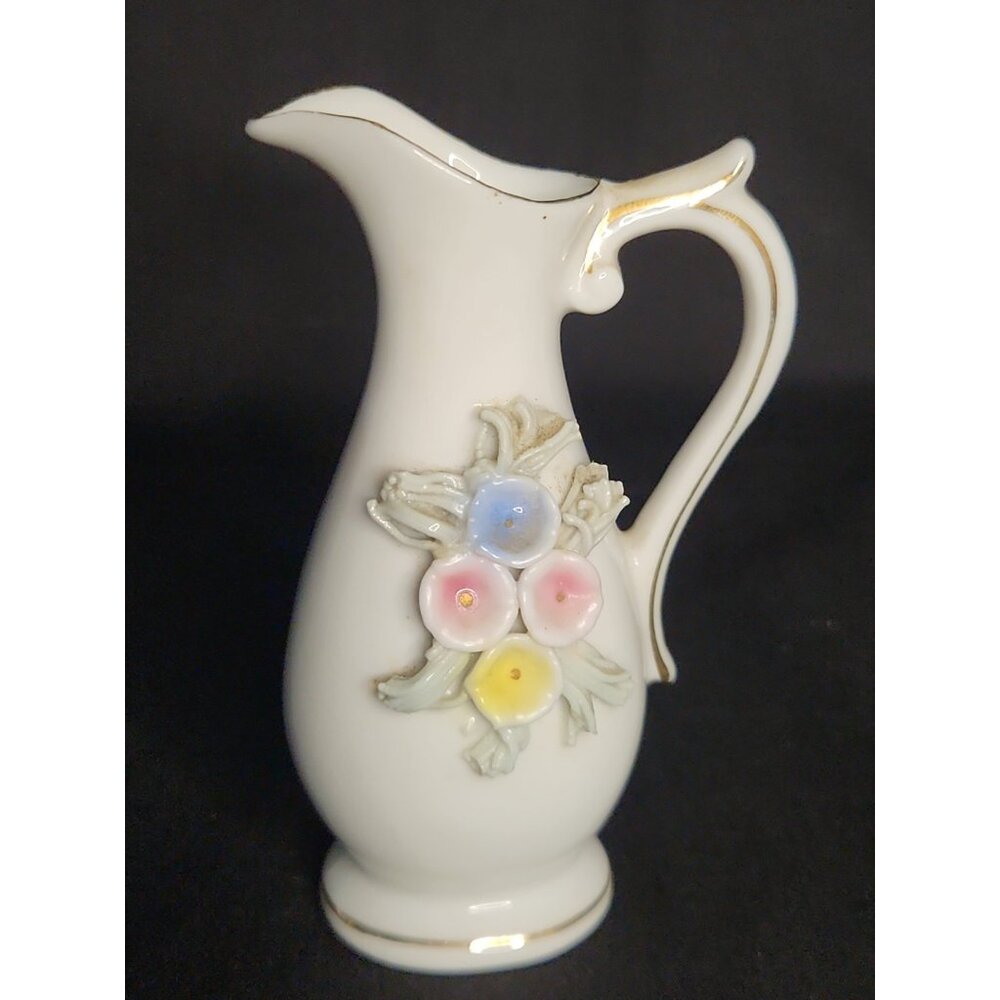 Cream Porcelain Pitcher Vase with Pastel Floral Appliqués and Gold Trim